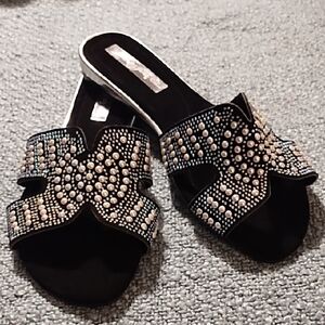 Elegant Black and Rhinestone Women's Slide Sandals By Razzini Shoes